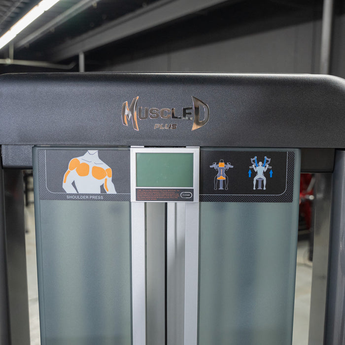 Muscle D Fitness Elite Plus Shoulder Press - Commercial Grade - Adjustable Seat - Pin Selectorized Traps Workout