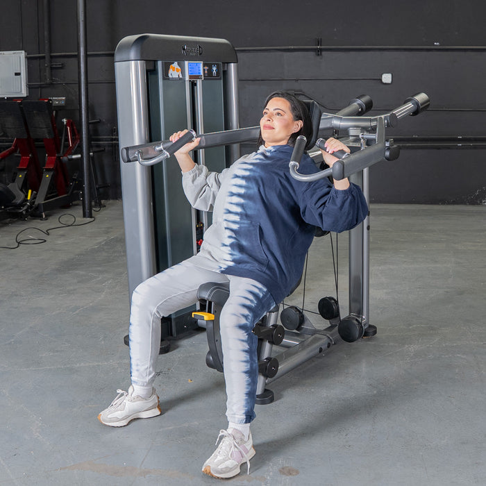 Muscle D Fitness Elite Plus Shoulder Press - Commercial Grade - Adjustable Seat - Pin Selectorized Traps Workout