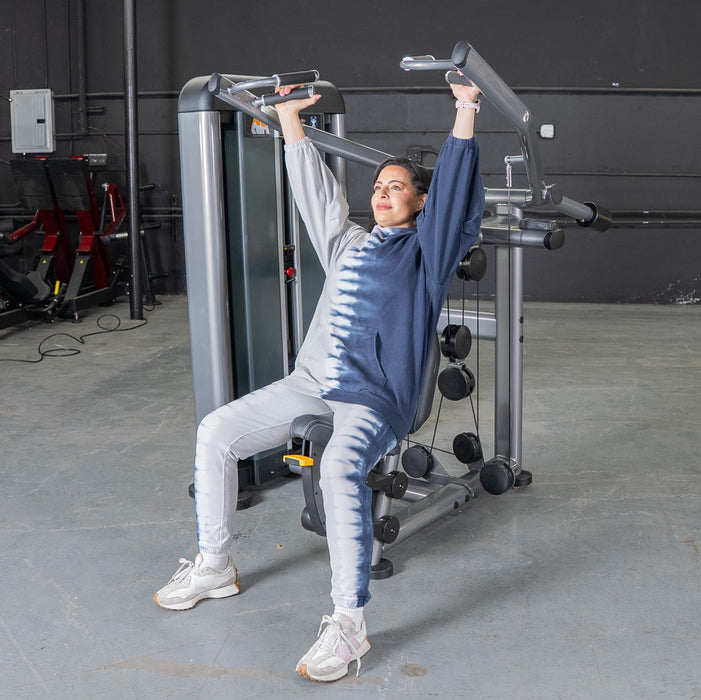 Muscle D Fitness Elite Plus Shoulder Press - Commercial Grade - Adjustable Seat - Pin Selectorized Traps Workout