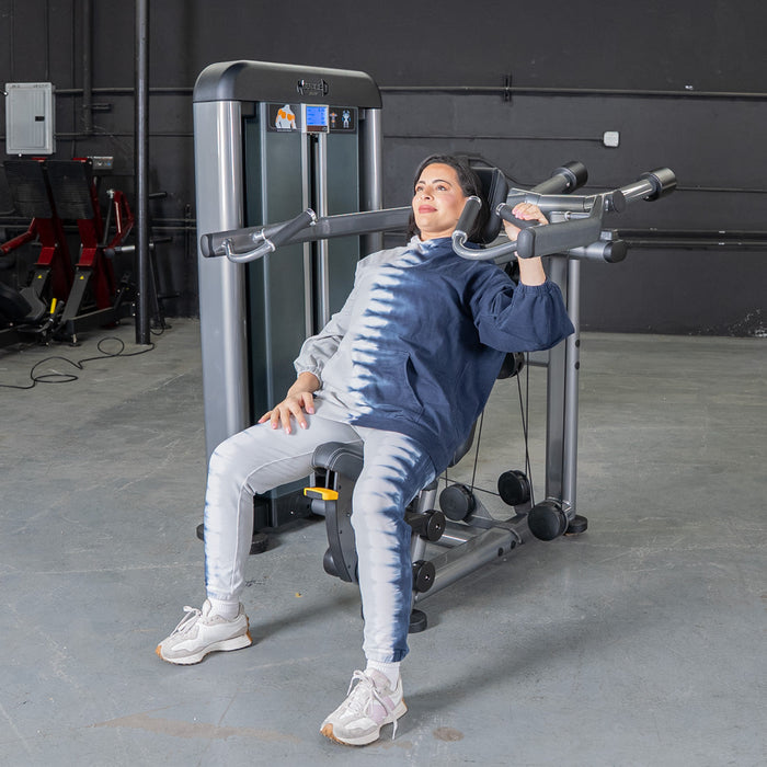 Muscle D Fitness Elite Plus Shoulder Press - Commercial Grade - Adjustable Seat - Pin Selectorized Traps Workout