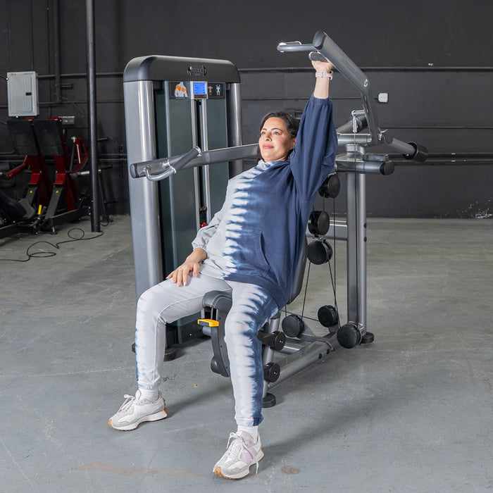 Muscle D Fitness Elite Plus Shoulder Press - Commercial Grade - Adjustable Seat - Pin Selectorized Traps Workout