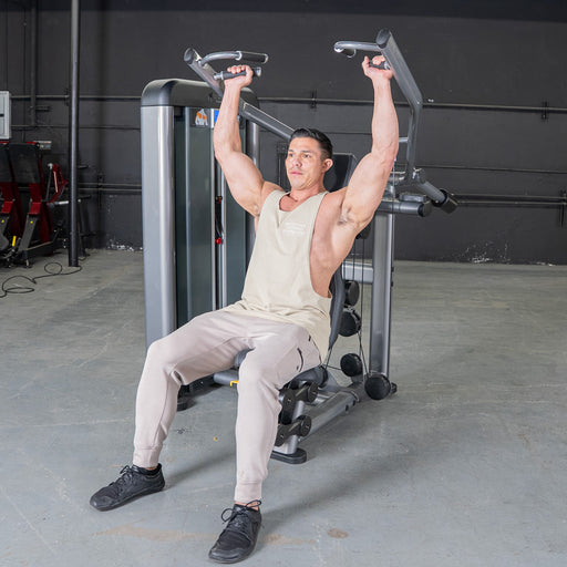 Muscle D Fitness Elite Plus Shoulder Press - Commercial Grade - Adjustable Seat - Pin Selectorized Traps Workout — front view