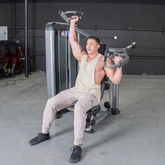 Muscle D Fitness Elite Plus Shoulder Press - Commercial Grade - Adjustable Seat - Pin Selectorized Traps Workout