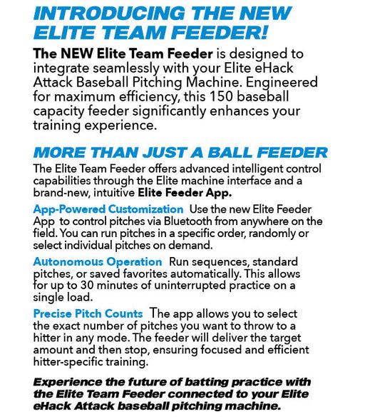 Elite Team Feeder features: Elite Feeder App, autonomous operation and precise pitch counts