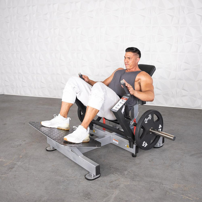 Muscle D Fitness Excel Base Plate Loaded Hip Thruster - Muscle D Fitness -  Leverage Glute Drive — full setup angle