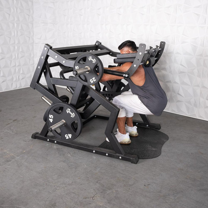 Excel Power Hack Squat - Muscle D Fitness - Plate Load Heavy Squat Machine - Weight Storage Pegs - Safety Stop