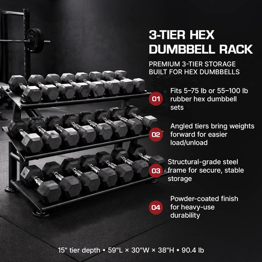 French Fitness FF-HDR 3 Tier Hex Dumbbell Rack (New) — side angle