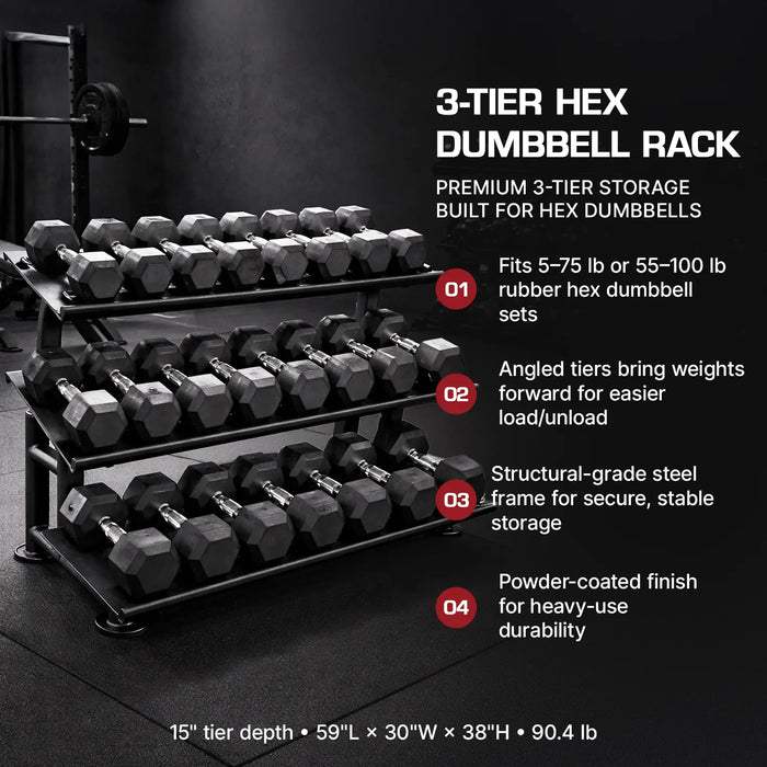 French Fitness FF-HDR 3 Tier Hex Dumbbell Rack (New) — side angle