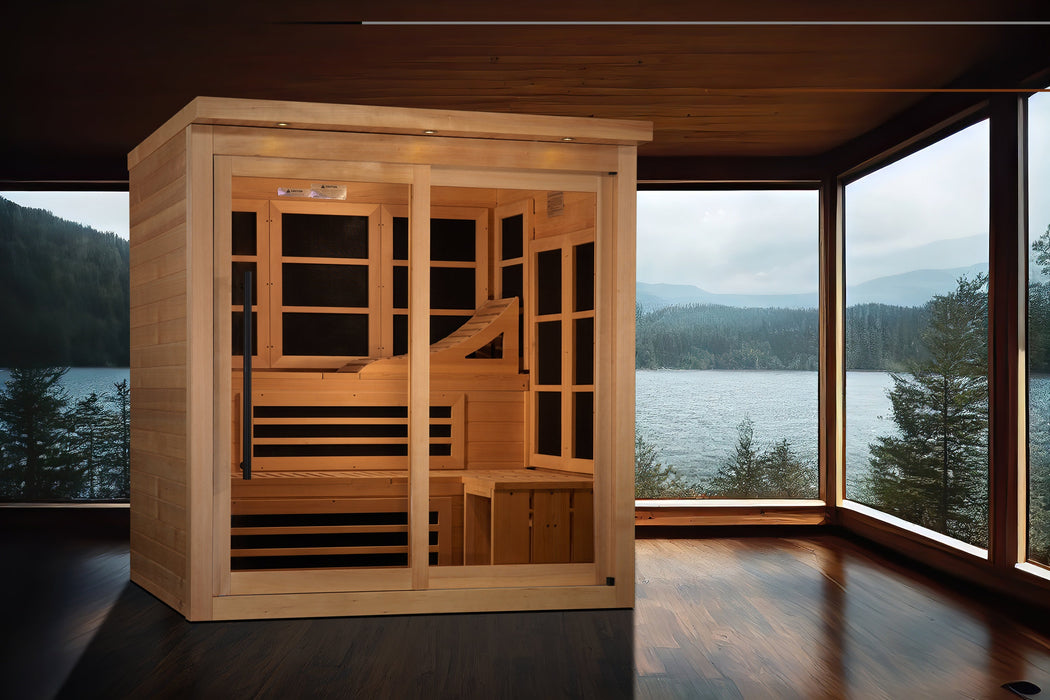 Golden Designs 6-person near zero EMF far infrared sauna room setting lifestyle view