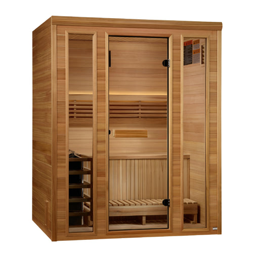 Golden Designs "Andermatt" 3 Person Traditional Steam Sauna Pacific Premium Clear Cedar GDI-7030-01 — front view