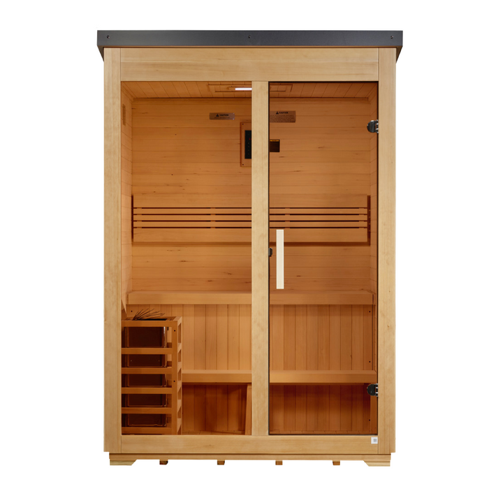 Golden Designs "Arlberg" 3 Person Traditional Outdoor Sauna Flat Roof Canadian Hemlock GDI-8003-01 — front view
