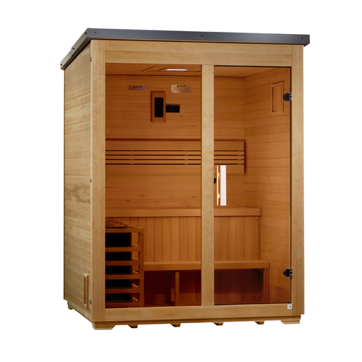 Golden Designs "Arlberg" 3 Person Traditional Outdoor Sauna Flat Roof Canadian Hemlock GDI-8003-01 — front right view