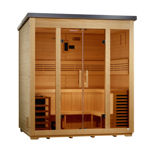 Golden Designs "Vorarlberg" 5 Person Traditional Outdoor Sauna Flat Roof Canadian Hemlock GDI-8005-01 — front left view