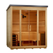 Golden Designs "Vorarlberg" 5 Person Traditional Outdoor Sauna Flat Roof Canadian Hemlock GDI-8005-01 — front left view