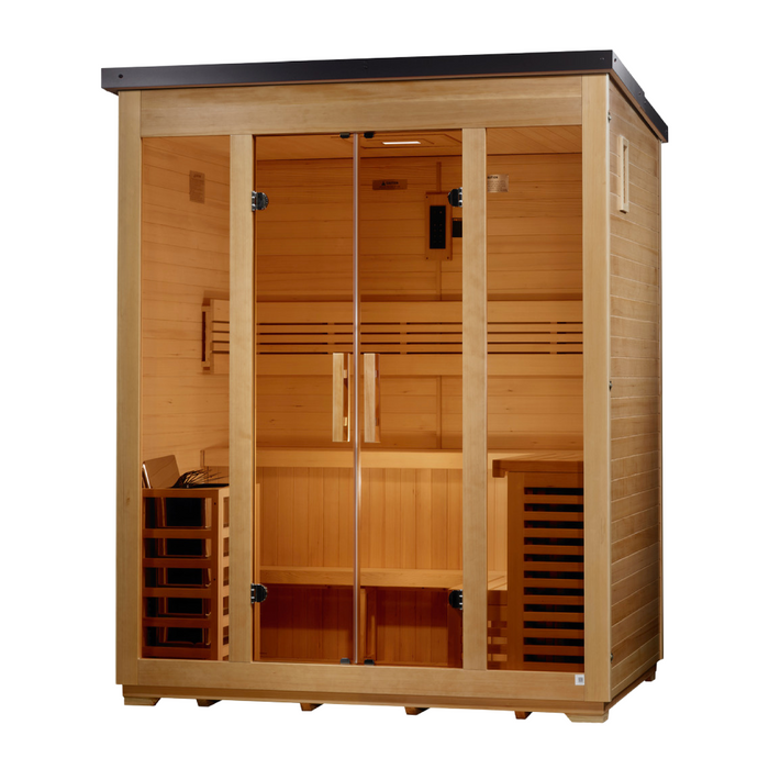 Golden Designs "Vorarlberg" 5 Person Traditional Outdoor Sauna Flat Roof Canadian Hemlock GDI-8005-01 — front right view