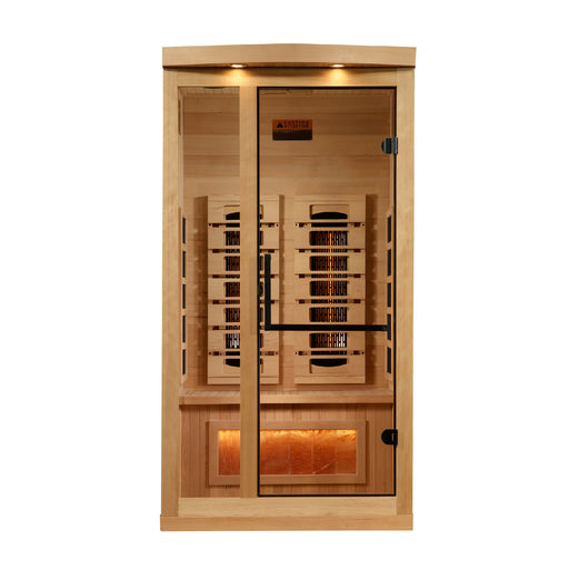Golden Designs Reserve Edition 1-person full spectrum sauna angled exterior view