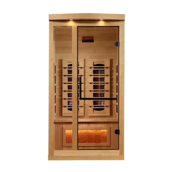 Golden Designs Reserve Edition 1-person full spectrum sauna angled exterior view