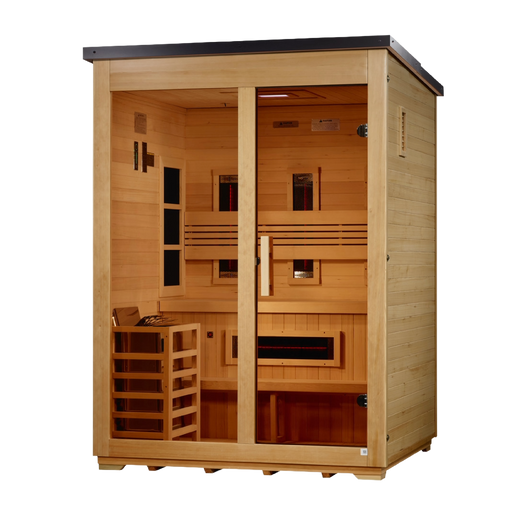 Golden Designs "Carinthia" 3 Person Hybrid Outdoor Sauna Flat Roof (Full Spectrum IR or Traditional Stove) GDI-8023-01 — front right view