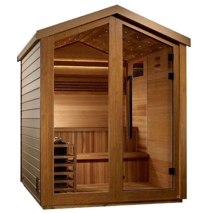 Golden Designs "Kaarina" 6 Person Barn Outdoor Traditional Sauna Canadian Red Cedar Interior GDI-8506-01 — front view
