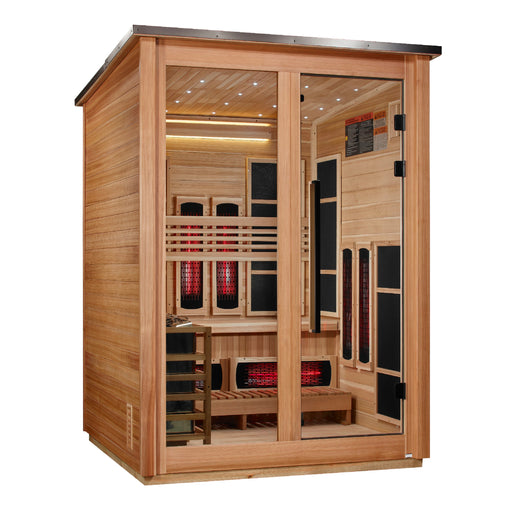 Golden Designs "Loviisa" 3 Person Barn Outdoor Hybrid Sauna Pacific Cedar (Full Spectrum IR or Traditional Stove) GDI-8523-02 — front left view