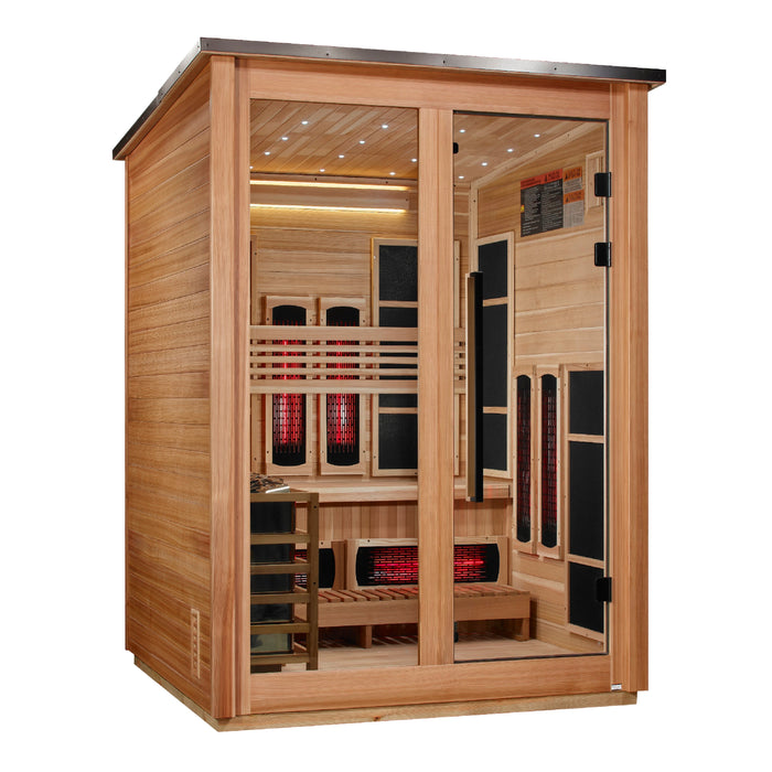 Golden Designs "Loviisa" 3 Person Barn Outdoor Hybrid Sauna Pacific Cedar (Full Spectrum IR or Traditional Stove) GDI-8523-02 — front left view