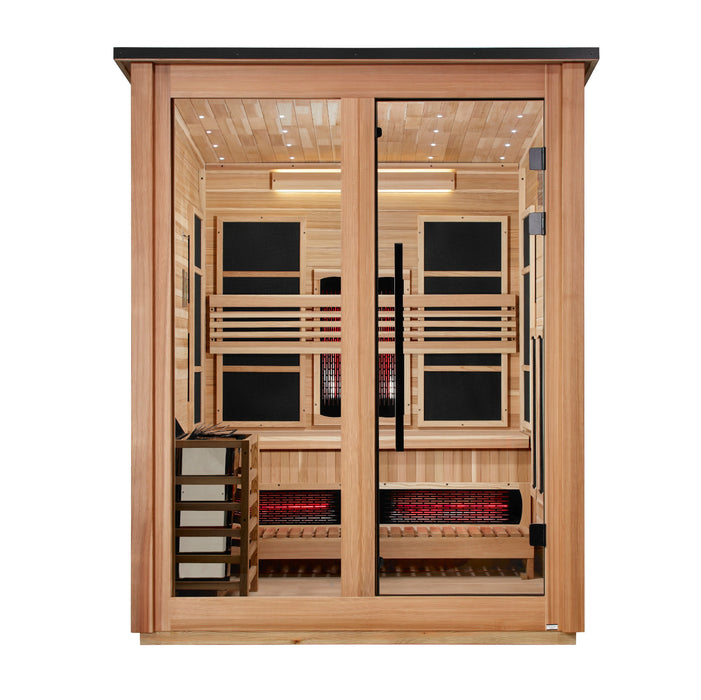 Golden Designs "Loviisa" 3 Person Barn Outdoor Hybrid Sauna Pacific Cedar (Full Spectrum IR or Traditional Stove) GDI-8523-02 — front view