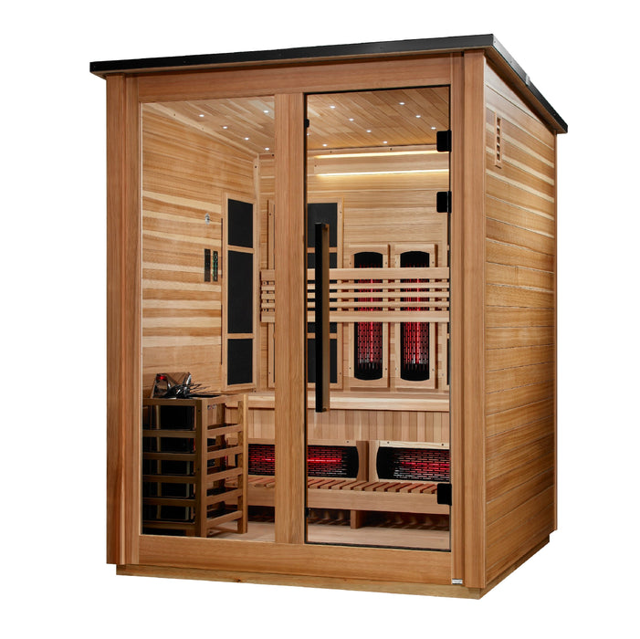 Golden Designs "Loviisa" 3 Person Barn Outdoor Hybrid Sauna Pacific Cedar (Full Spectrum IR or Traditional Stove) GDI-8523-02 — front right view