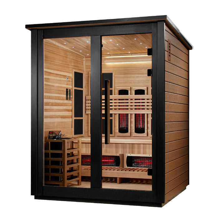 Golden Designs "Loviisa" 3 Person Barn Outdoor Hybrid Sauna 2 Tone (Full Spectrum IR or Traditional Stove) GDI-8523-03 — front right view