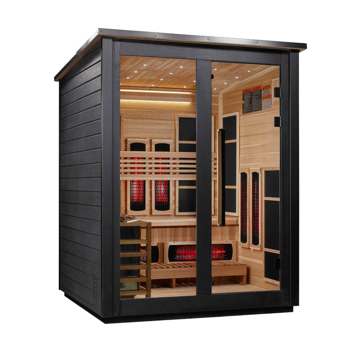 Golden Designs "Loviisa" 3 Person Barn Outdoor Hybrid Sauna Black (Full Spectrum IR or Traditional Stove) GDI-8523-04 — front left view