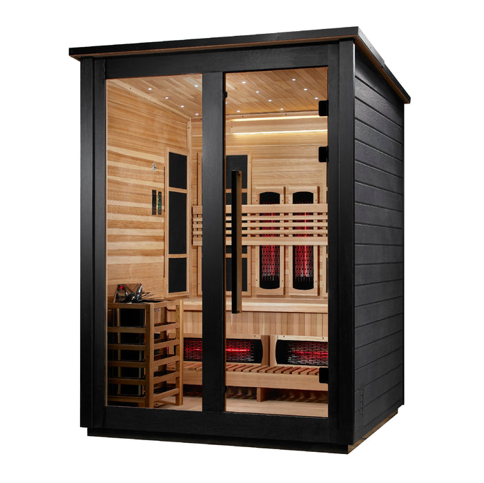 Golden Designs "Loviisa" 3 Person Barn Outdoor Hybrid Sauna Black (Full Spectrum IR or Traditional Stove) GDI-8523-04 — front right view