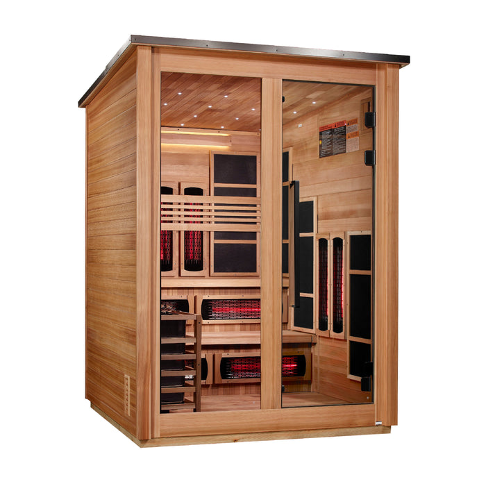 Golden Designs "Kaskinen" 6 Person Barn Outdoor Hybrid Sauna Pacific Cedar (Full Spectrum IR or Traditional Stove) GDI-8526-02 — front left view