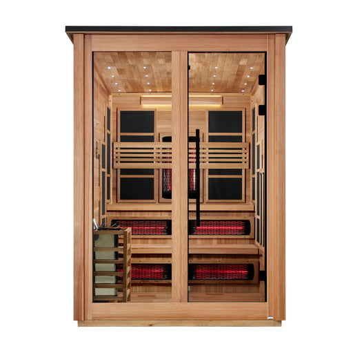 Golden Designs "Kaskinen" 6 Person Barn Outdoor Hybrid Sauna Pacific Cedar (Full Spectrum IR or Traditional Stove) GDI-8526-02 — front view