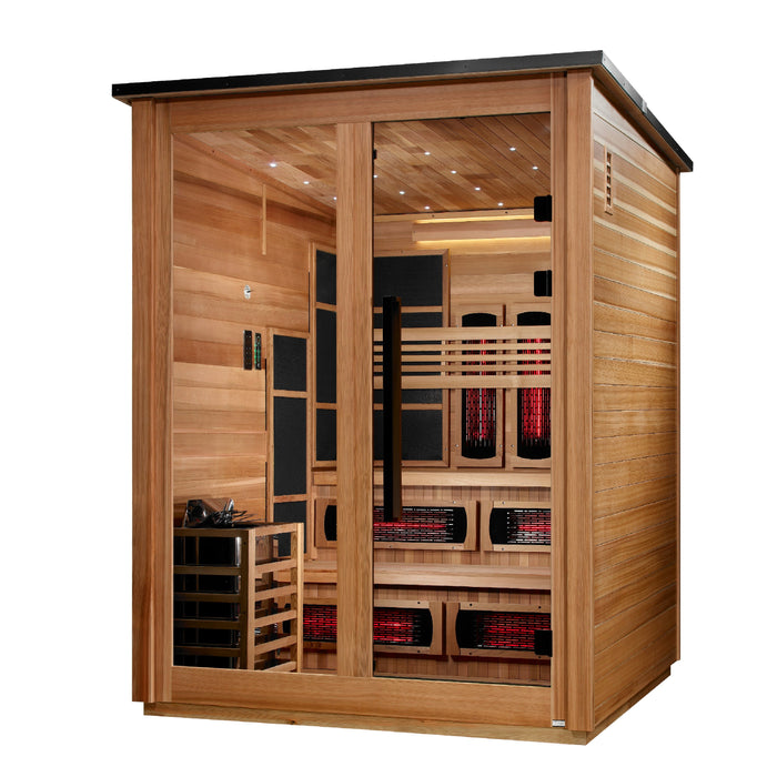 Golden Designs "Kaskinen" 6 Person Barn Outdoor Hybrid Sauna Pacific Cedar (Full Spectrum IR or Traditional Stove) GDI-8526-02 — front right view