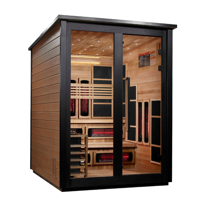 Golden Designs "Kaskinen" 6 Person Barn Outdoor Hybrid Sauna 2 Tone (Full Spectrum IR or Traditional Stove) GDI-8526-03 — front left view
