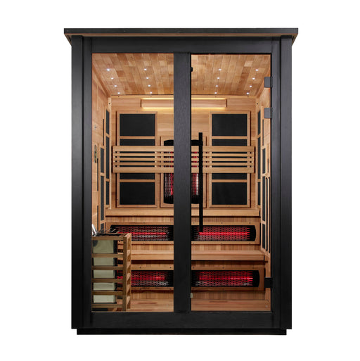 Golden Designs "Kaskinen" 6 Person Barn Outdoor Hybrid Sauna 2 Tone (Full Spectrum IR or Traditional Stove) GDI-8526-03 — front view