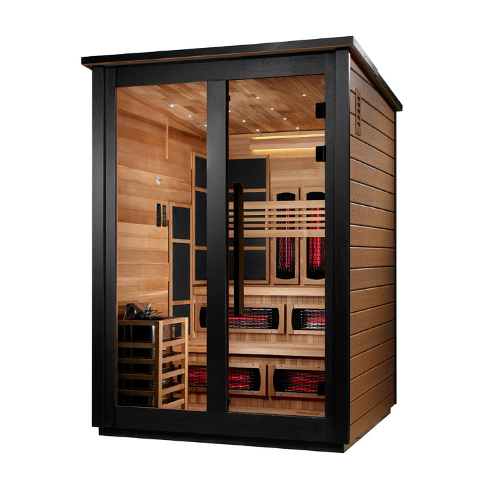 Golden Designs "Kaskinen" 6 Person Barn Outdoor Hybrid Sauna 2 Tone (Full Spectrum IR or Traditional Stove) GDI-8526-03 — front right view