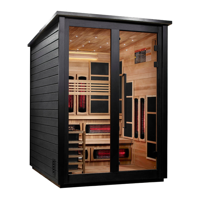 Golden Designs "Kaskinen" 6 Person Barn Outdoor Hybrid Sauna Black (Full Spectrum IR or Traditional Stove) GDI-8526-04 — front left view