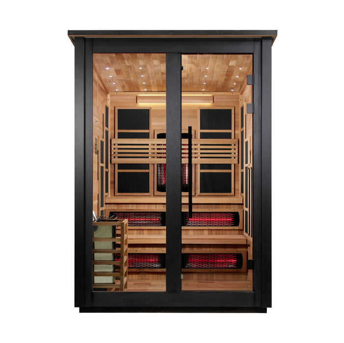Golden Designs "Kaskinen" 6 Person Barn Outdoor Hybrid Sauna Black (Full Spectrum IR or Traditional Stove) GDI-8526-04 — front view