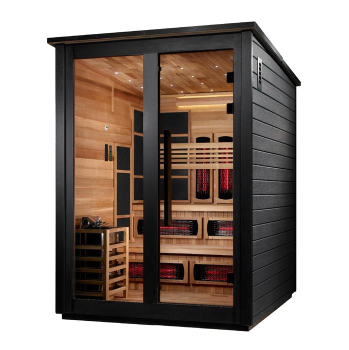 Golden Designs "Kaskinen" 6 Person Barn Outdoor Hybrid Sauna Black (Full Spectrum IR or Traditional Stove) GDI-8526-04 — front right view