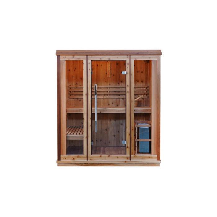 Sunray Hampton 3 Person Indoor Traditional Sauna w/4.5kW Harvia and Side Bench HL300TN — glass door detail
