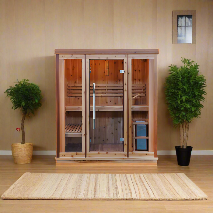 Sunray Hampton 3 Person Indoor Traditional Sauna w/4.5kW Harvia and Side Bench HL300TN — exterior view