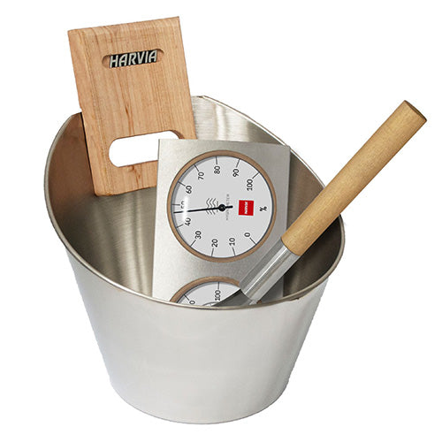 Harvia Sauna Accessory Set Steel Bucket and Ladle w/ Thermometer and