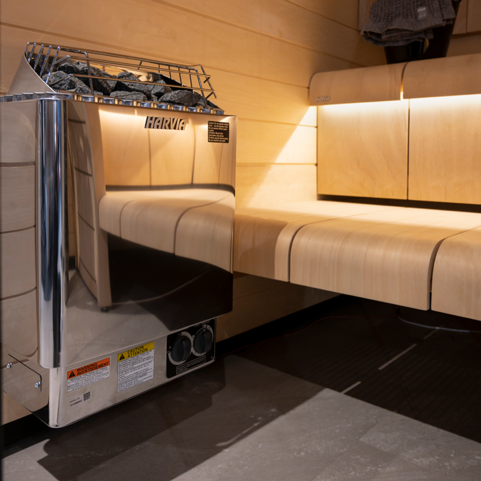 Harvia KIP45B 4.5kW Electric Sauna Heater with Built-In Controls — interior bench layout