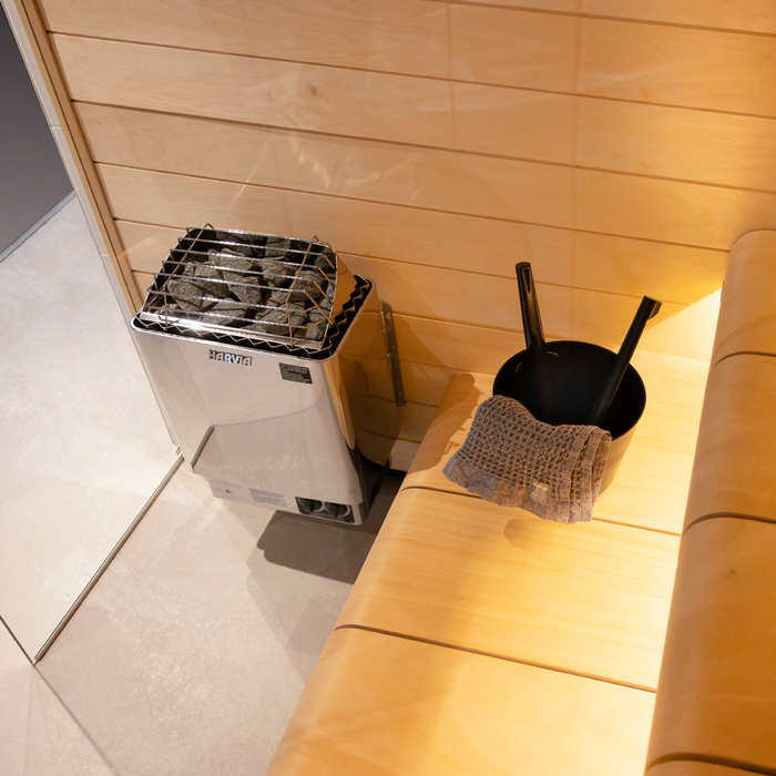 Harvia KIP45B 4.5kW Electric Sauna Heater with Built-In Controls — glass door detail