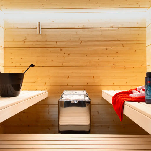 Finnish Sauna Builders Harvia KIP45B Stainless Steel 4.5KW Sauna Heater with built-in control - Fin... — interior bench layout