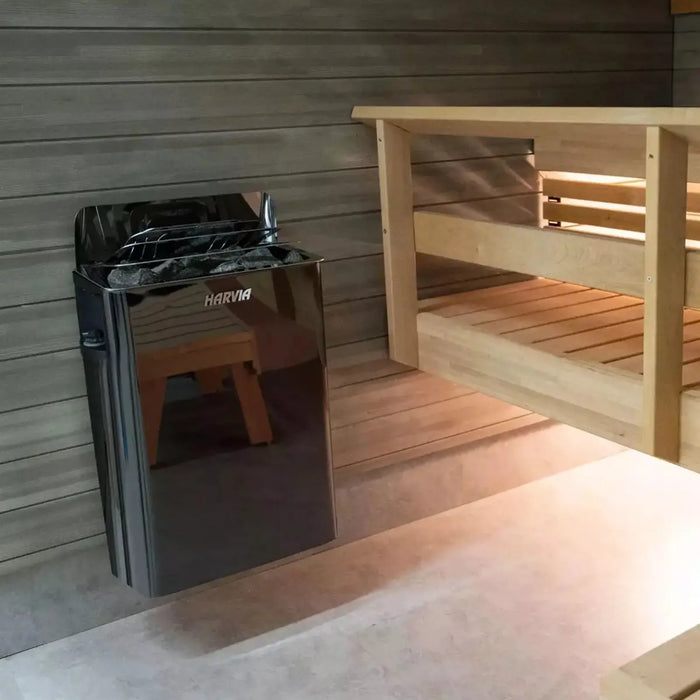 Finnish Sauna Builders Harvia Wall Sauna Heater 8KW with Built-In Controls - Finnish Sauna Builders — glass door detail