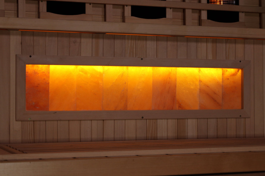 Golden Designs Reserve Edition 1-person full spectrum sauna Himalayan salt bar close-up