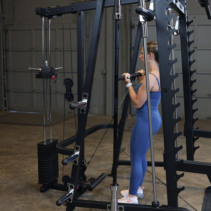 Body Solid Smith Machine Lat Attachment - GLA348BS — full setup angle