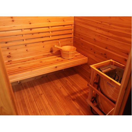 SunRay 4 Person Contemporary Outdoor Sauna with Harvia 6kW Heater and Metal Roof | Denali 400D5 — full room view