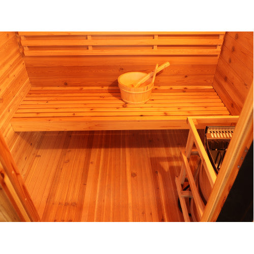 SunRay3 Person Contemporary Outdoor Sauna with Harvia 6kW Heater and Metal Roof | Seneca 300D5 — interior bench layout